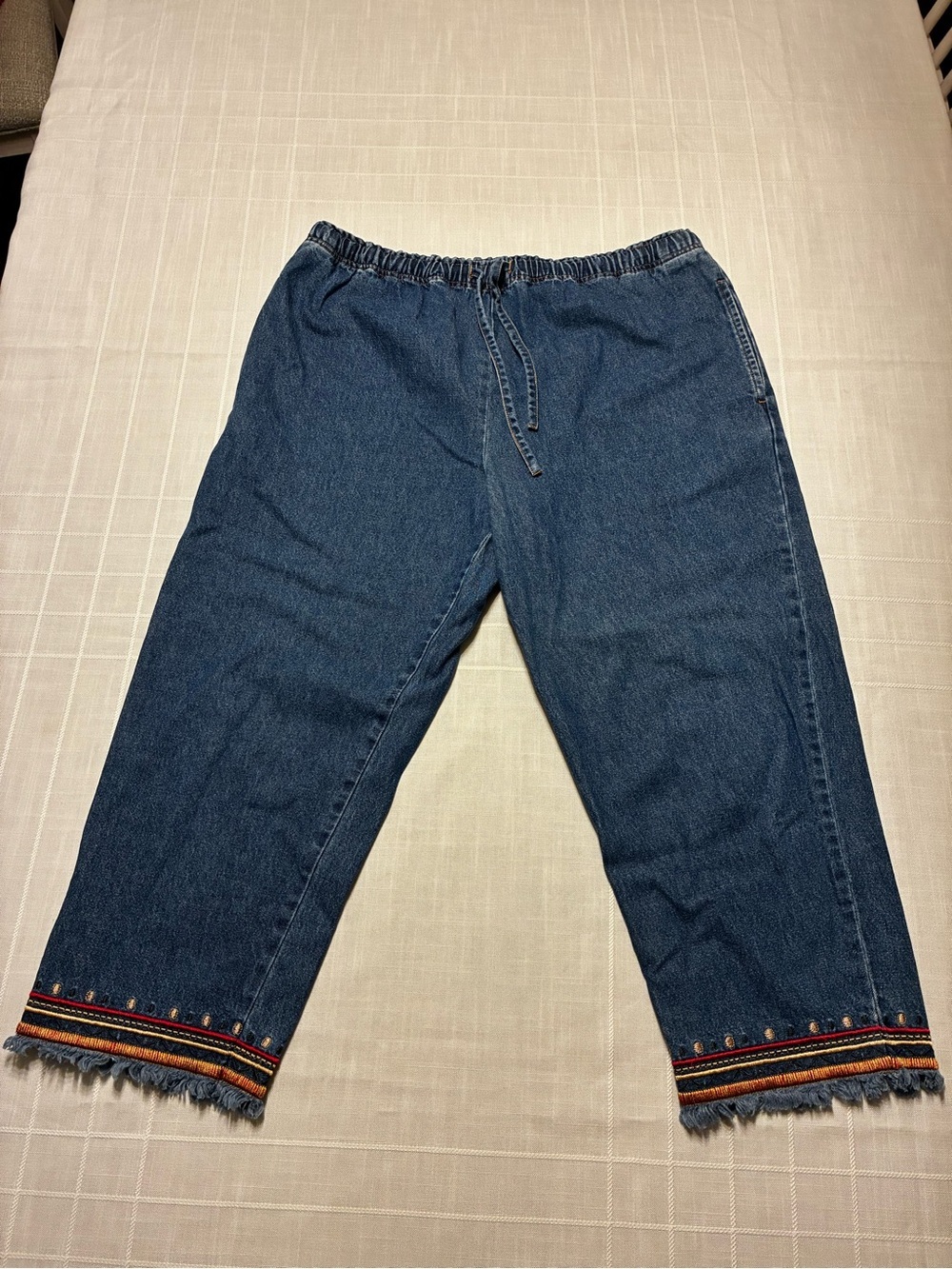 Mountain Lake Blue Denim Pull-On cropped Pants with Embroidered Hem
